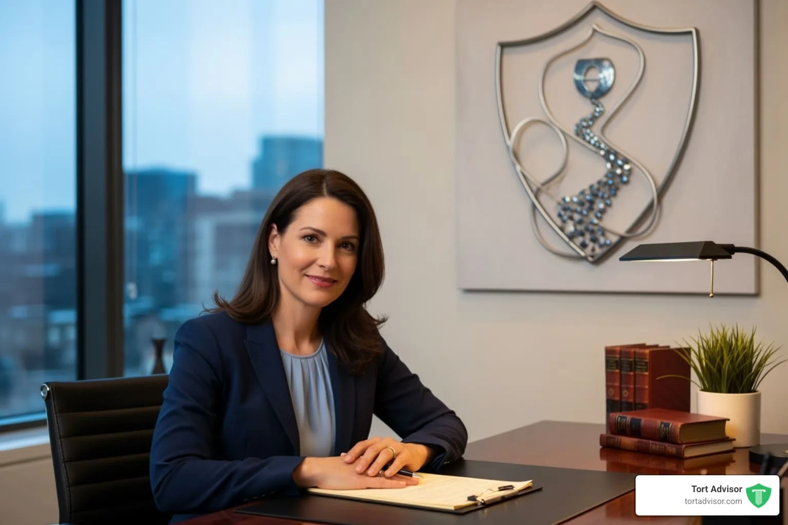 Attorney seated at her desk in a corner office