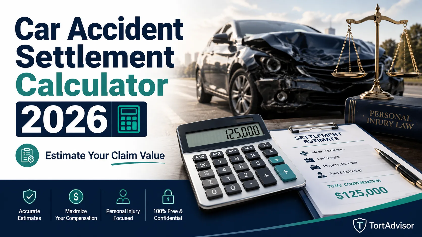 Car accident settlement calculator estimating injury claim value for medical bills, lost wages, liability, and damages