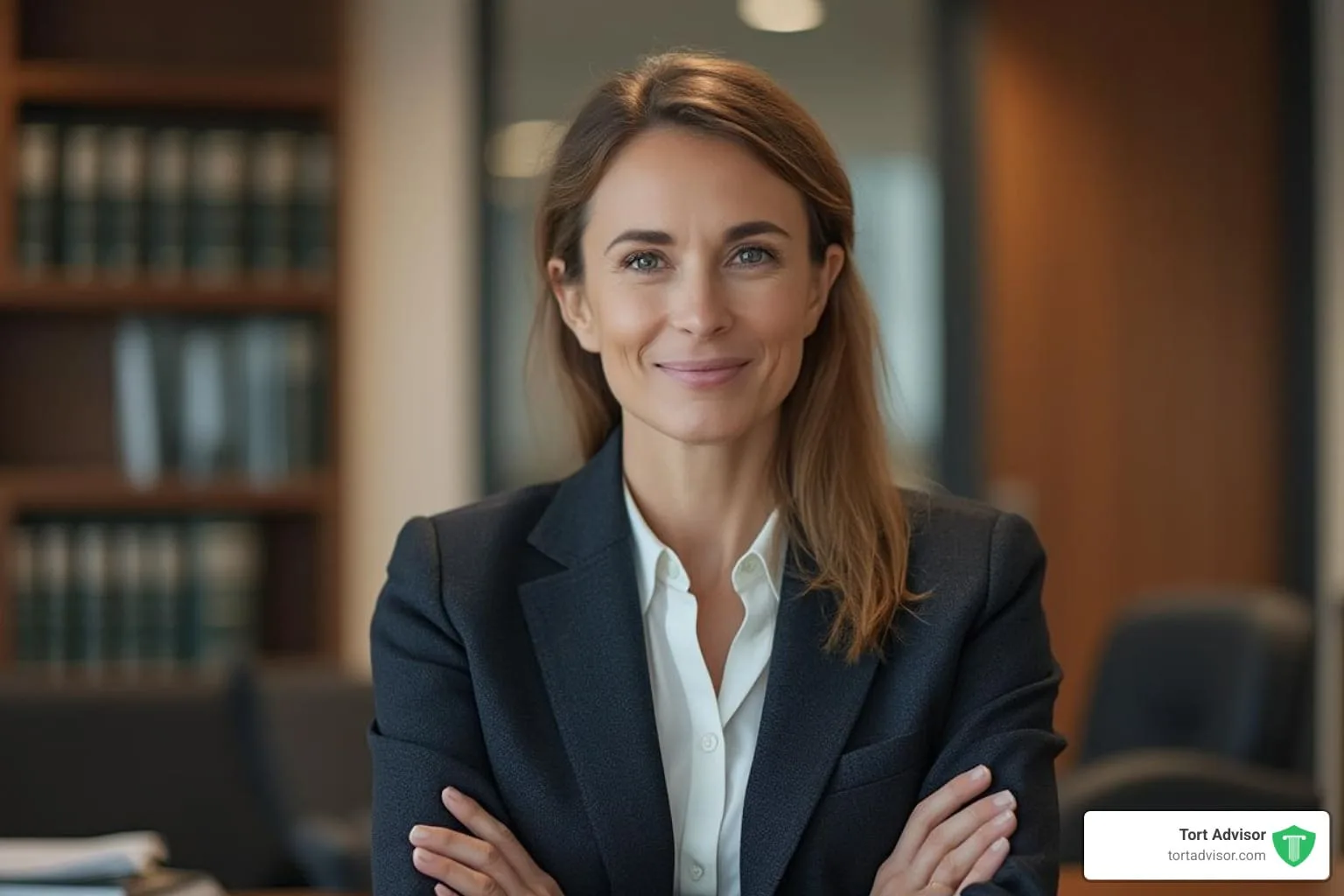 employment-law-attorney-image Lawyer standing with arms crossed in a law office