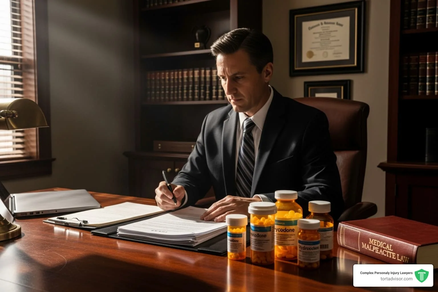 Attorney writing at a desk beside prescription pill bottles