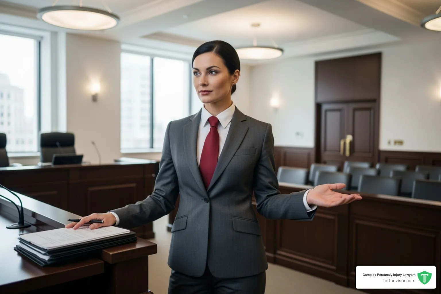 injury-defense-lawyer-complete-guide-image Lawyer in a gray suit speaking in a courtroom