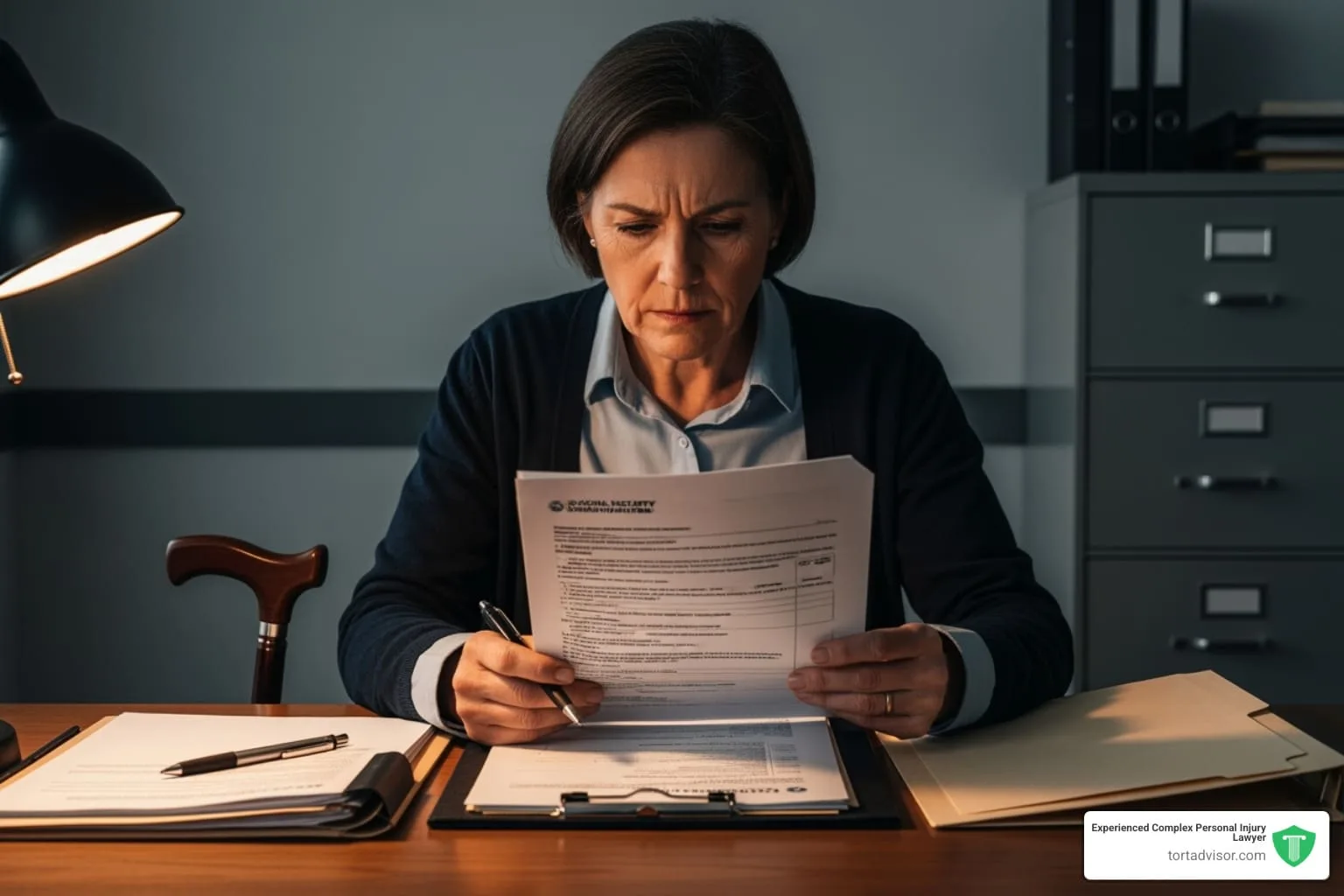 ssdi-iowa-ultimate-guide-2025-image Woman reviewing paperwork at a desk under a lamp