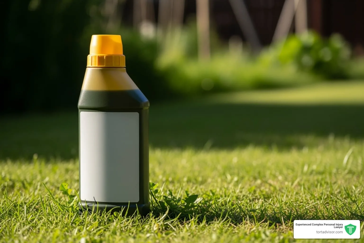 Unlabeled weed killer jug standing on a lawn