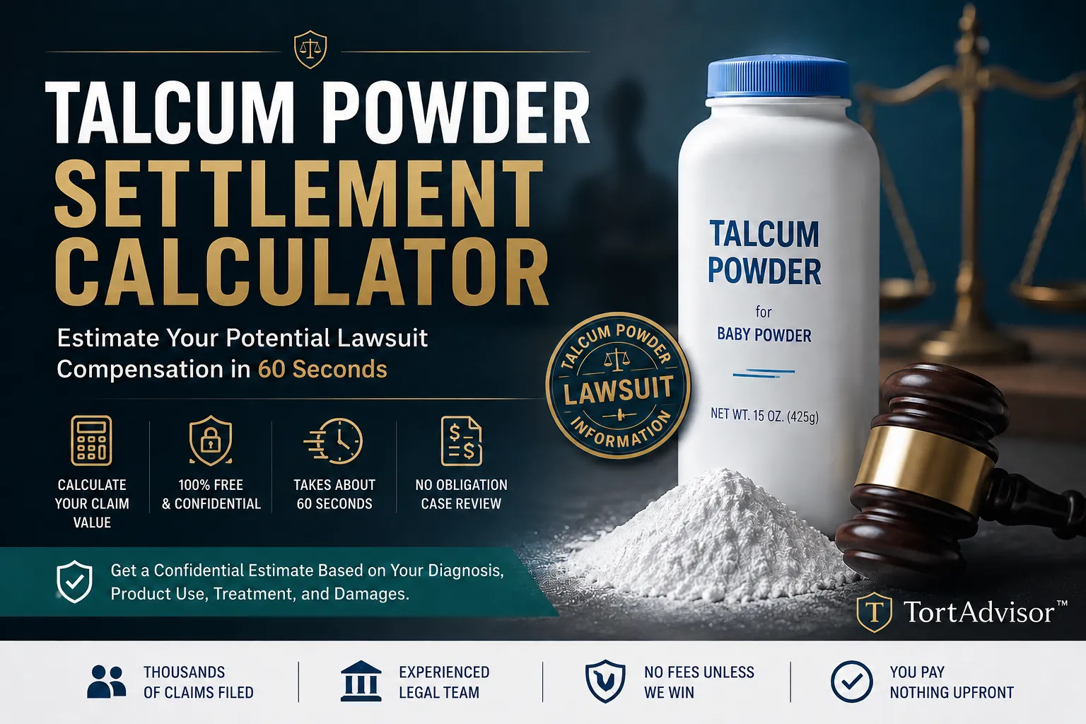 Talcum powder settlement calculator graphic with baby powder, scales of justice and claim-estimate icons