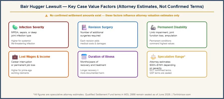 Bair Hugger lawsuit case value factors infographic 2026 showing infection severity revision surgery disability and lost wages