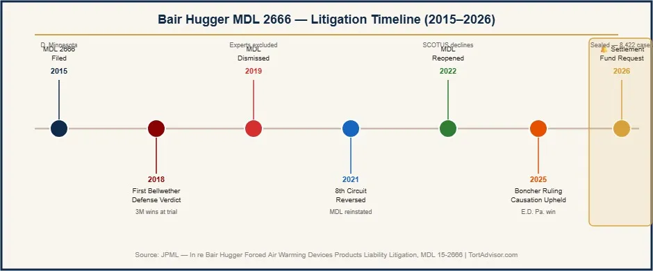 Bair Hugger lawsuit MDL 2666 timeline infographic 2026 showing key milestones from filing through Qualified Settlement Fund request