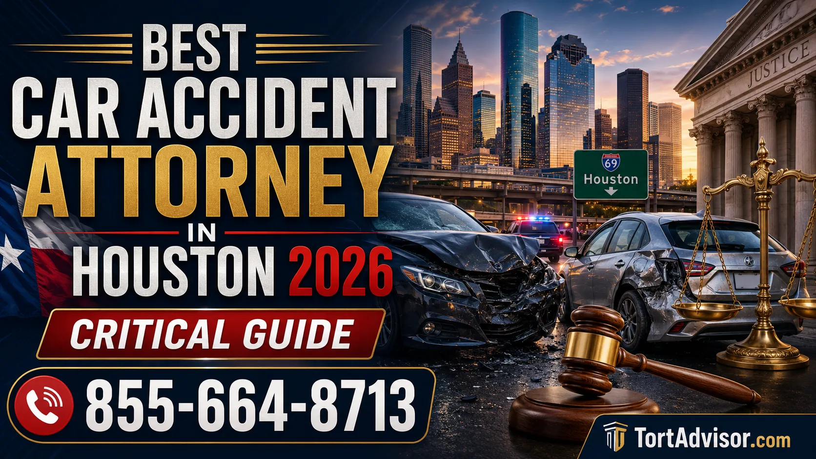 Best Car Accident Attorney Houston 2026: Critical Guide Best car accident attorney Houston 2026 critical guide featuring a Houston crash scene, courthouse, legal scales and TortAdvisor phone number 855-664-8713