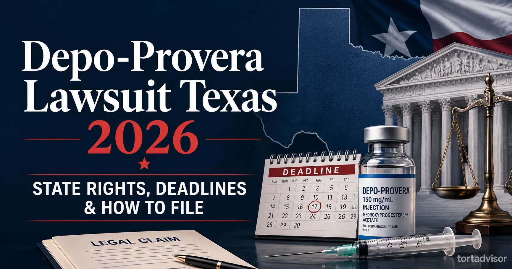 Depo-Provera Lawsuit Texas 2026: State Rights, Deadlines & How to File Depo-Provera lawsuit Texas 2026 guide showing legal deadlines, state rights, courthouse, scales of justice, and medical injection vial.