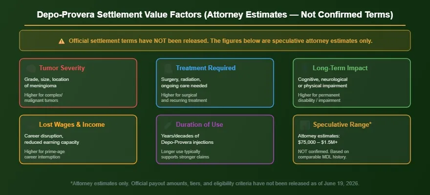 Depo-Provera settlement value factors infographic 2026 showing tumor severity treatment and lost income as key drivers