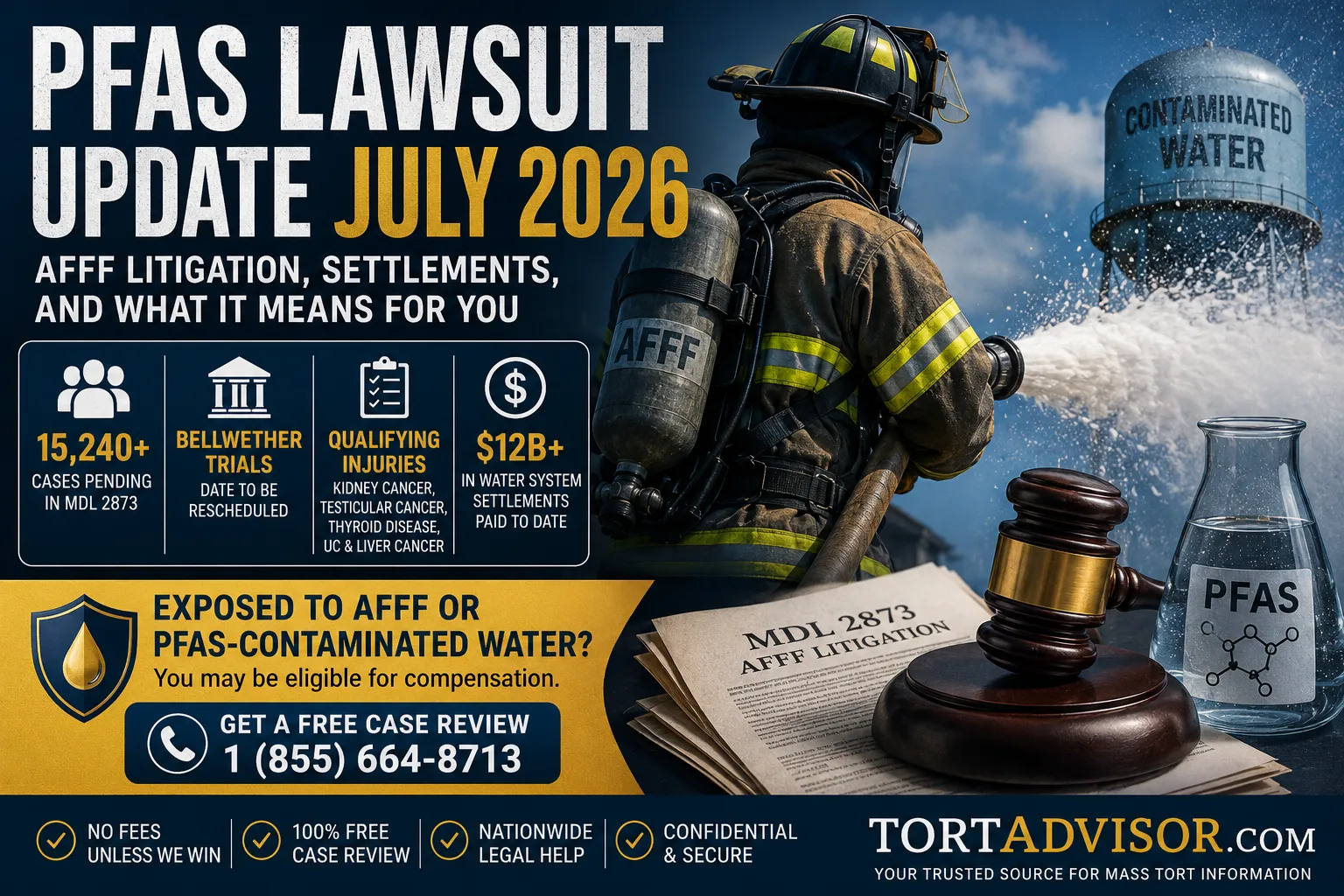 PFAS Lawsuit Update July 2026: AFFF MDL 2873 and Settlements PFAS lawsuit update July 2026 featured image showing AFFF litigation, MDL 2873, contaminated water, qualifying injuries, and settlement information