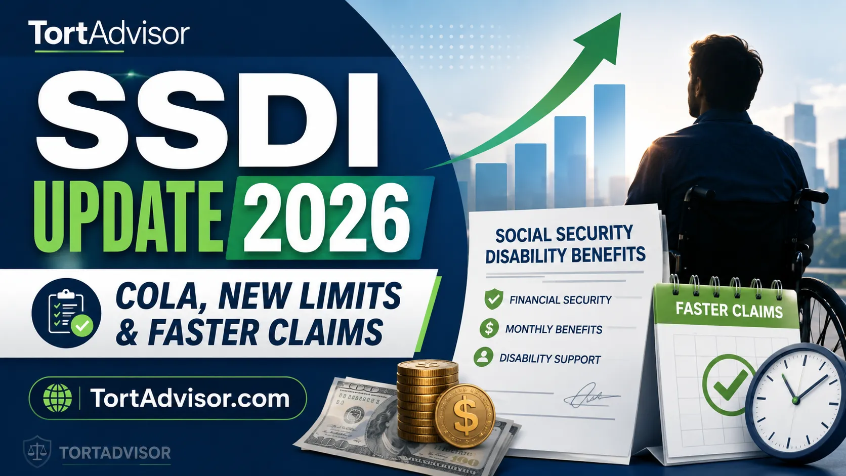 SSDI Update 2026: COLA, New Limits & Faster Claims | TortAdvisor SSDI Update 2026 featured image showing COLA increase, new SSDI income limits, and faster claims information from TortAdvisor