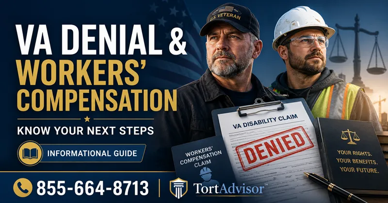 VA Disability Claim Denial and Workers’ Compensation Guide va disability claim denial - Veteran and construction worker beside denied VA disability and workers’ compensation claim documents in a TortAdvisor legal guide