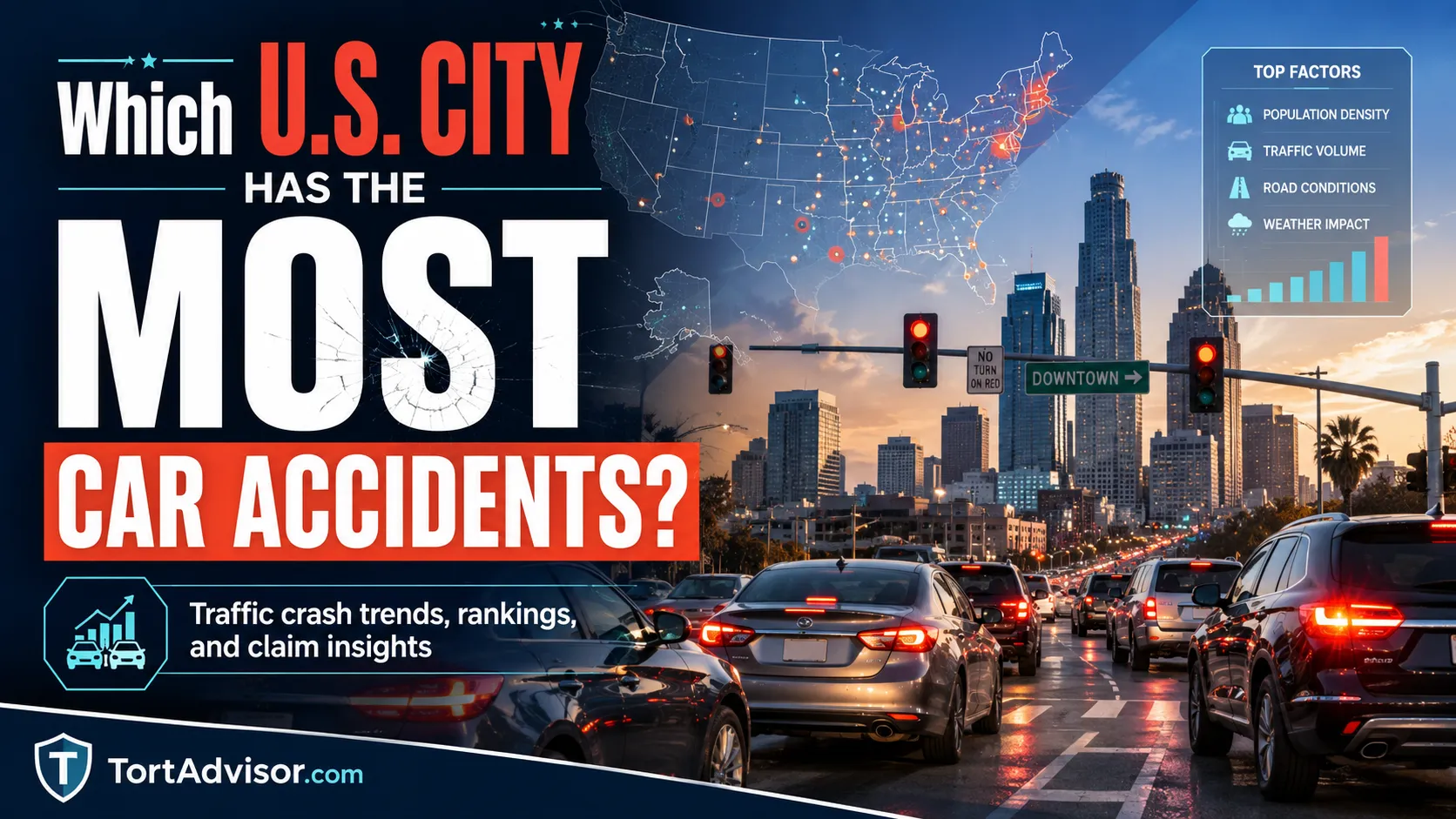 Which U.S. City Has the Most Car Accidents in 2026? Which U.S. city has the most car accidents showing traffic congestion, crash statistics and a United States map