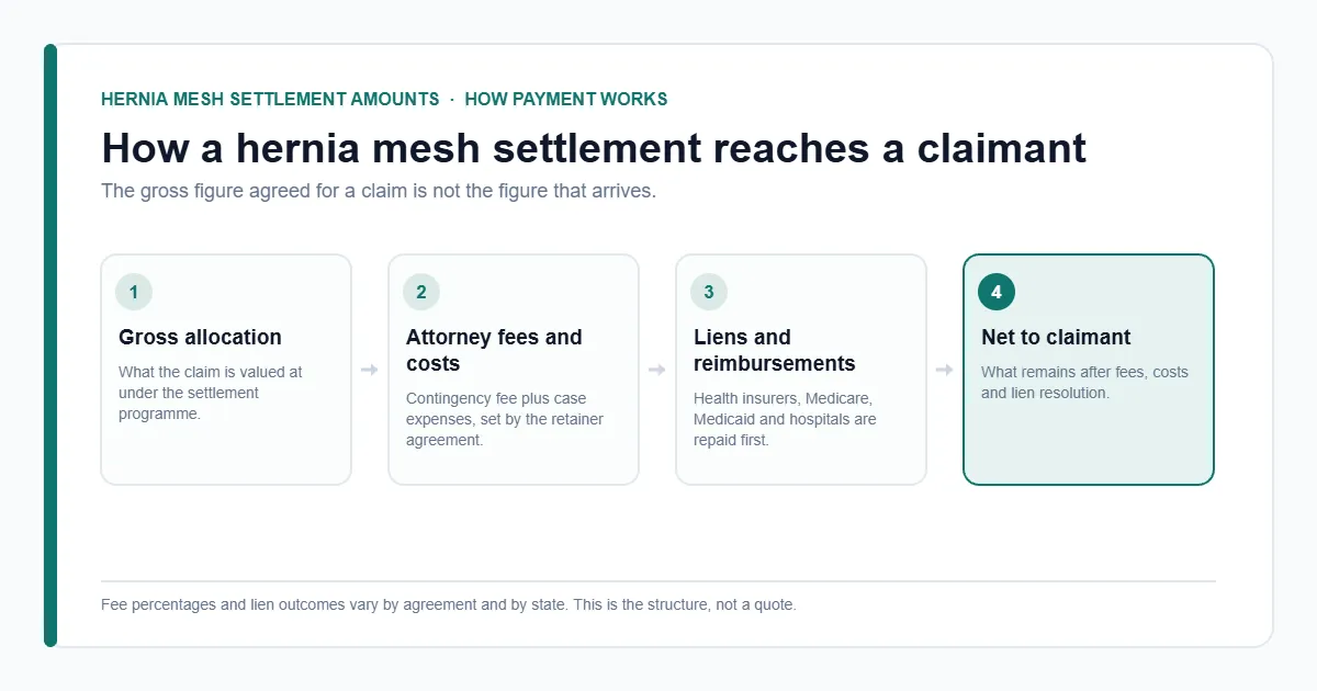 How hernia mesh settlement amounts are paid — gross allocation, fees, liens, net to claimant