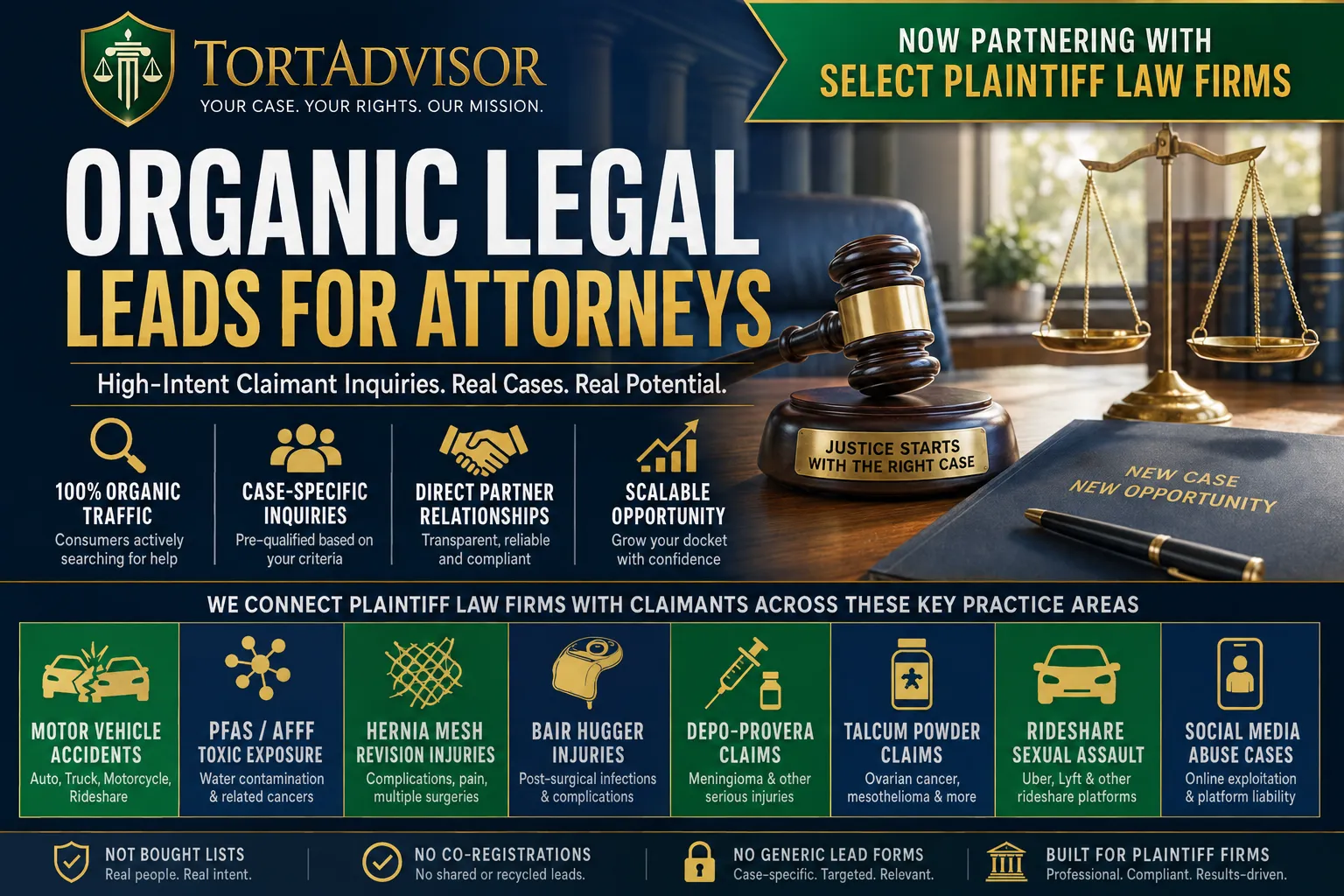Organic legal leads for attorneys and TortAdvisor plaintiff law firm partner network