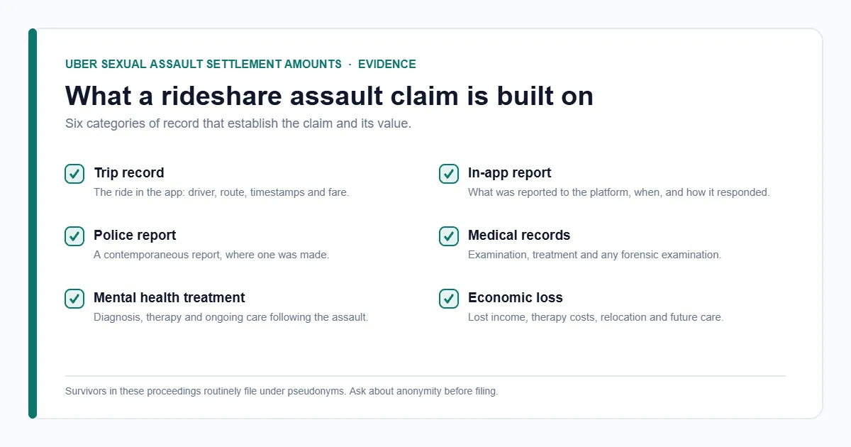 Uber sexual assault settlement amounts evidence checklist — trip records and reporting history