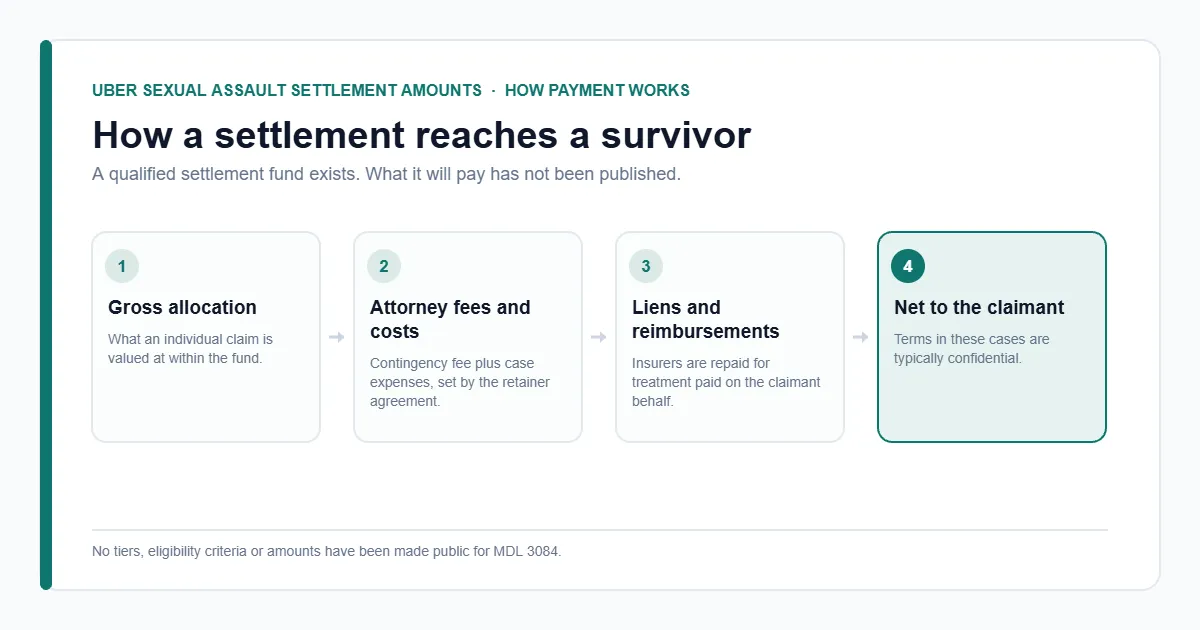 How Uber sexual assault settlement amounts are paid — allocation, fees, liens, net to the claimant