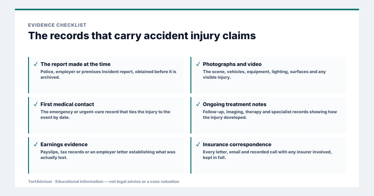Evidence used in accident injury claims: incident reports, photographs, first medical contact, ongoing treatment notes, earnings evidence and insurance correspondence