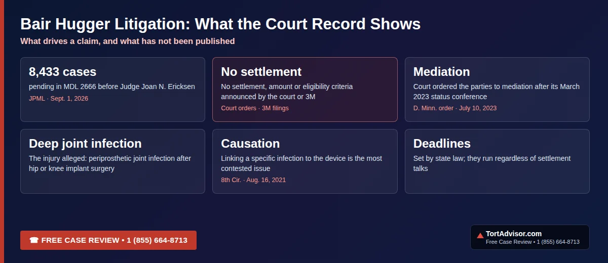 Bair Hugger litigation court record: 8,424 cases pending, no settlement announced, court-ordered mediation in 2023, causation the most contested issue