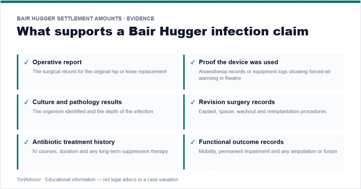 Bair Hugger settlement amounts evidence checklist — surgical records, infection culture and revision surgery