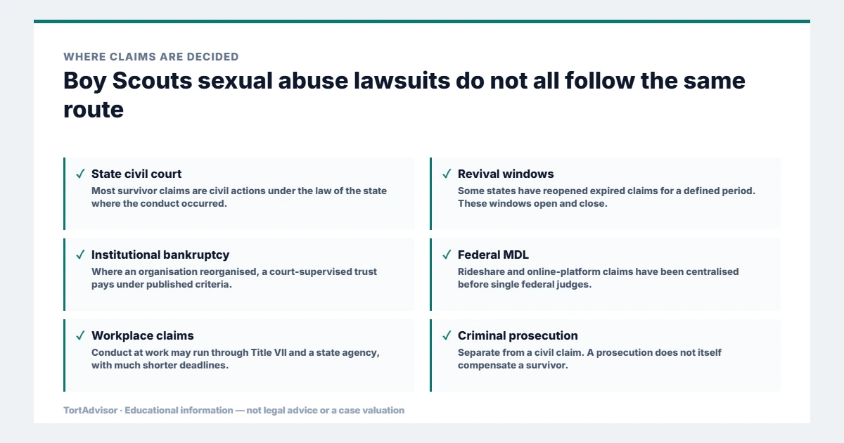 Boy Scouts Sexual Abuse Lawsuit 2026: Settlement Trust, Claims & Payments 4 Where boy Scouts sexual abuse lawsuits are decided, across federal, state, benefit and settlement routes