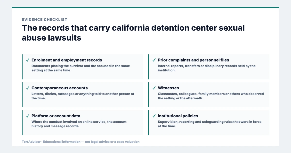 Evidence used in california detention center sexual abuse lawsuits, from the primary record through medical documentation to regulatory data