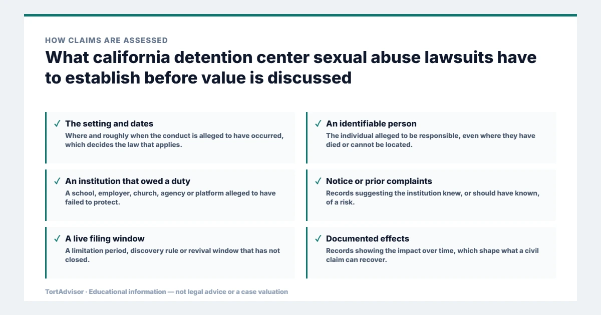 What california detention center sexual abuse lawsuits must establish before value is discussed, from the product or conduct through causation to the filing window