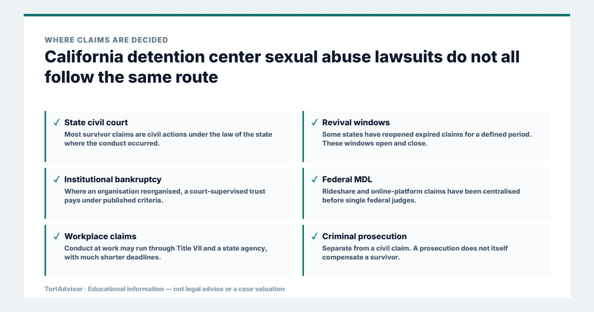 Where california detention center sexual abuse lawsuits are decided, across federal, state, benefit and settlement routes