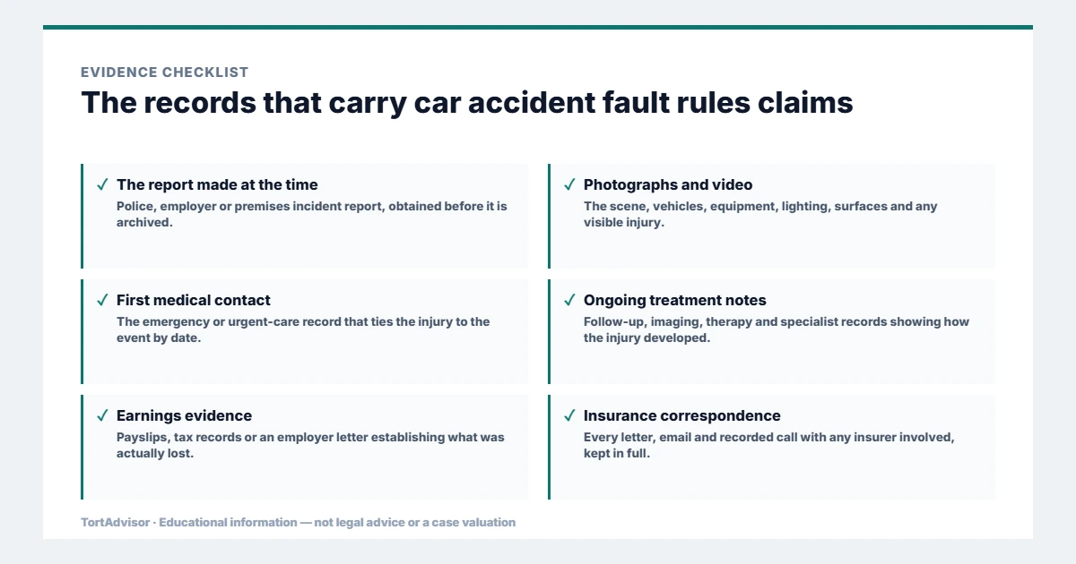 Evidence used in car accident fault rules claims, from the primary record through medical documentation to regulatory data
