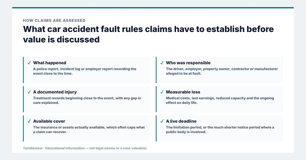 What car accident fault rules claims must establish before value is discussed, from the product or conduct through causation to the filing window