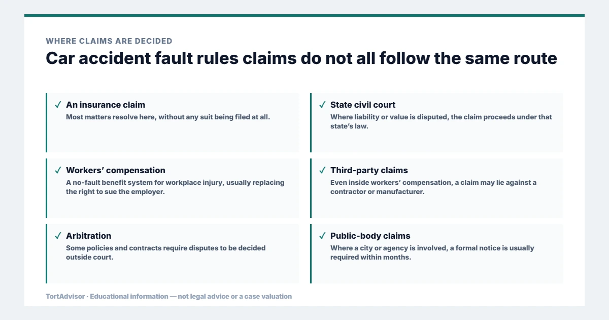 Where car accident fault rules claims are decided, across federal, state, benefit and settlement routes