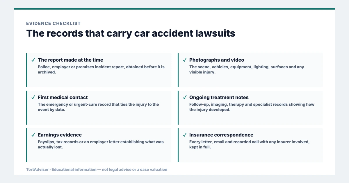 Car Accident Lawsuit 2026: Injury Claims, Fault & Settlements 3 Evidence used in car accident lawsuits, from the primary record through medical documentation to regulatory data
