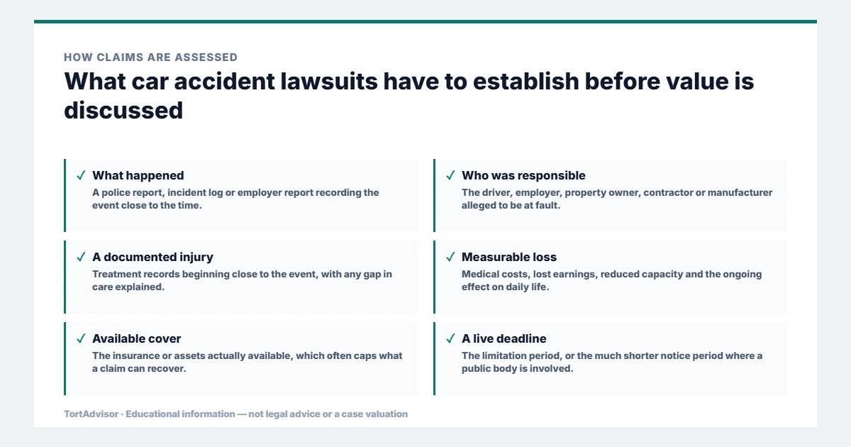 Car Accident Lawsuit 2026: Injury Claims, Fault & Settlements 2 What car accident lawsuits must establish before value is discussed, from the product or conduct through causation to the filing window