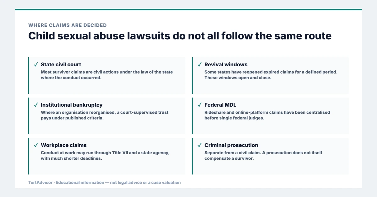 Where child sexual abuse lawsuits are decided, across federal, state, benefit and settlement routes