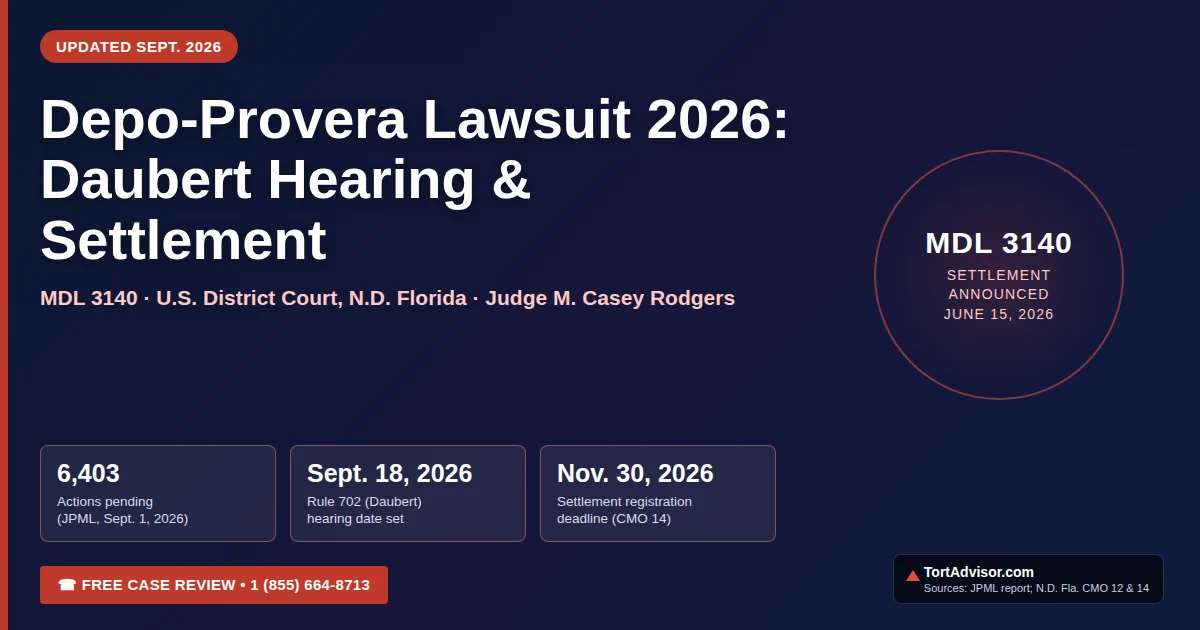 Depo-Provera Lawsuit 2026: Daubert Hearing and Settlement Update Depo-Provera lawsuit 2026 update: settlement announced June 15, 2026; 6,403 actions pending in MDL 3140; Rule 702 hearing set for Sept. 18, 2026