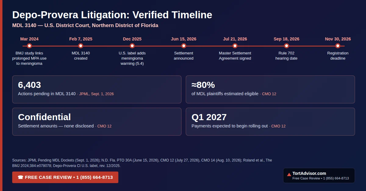 Depo-Provera litigation timeline: BMJ study March 2024, MDL 3140 created Feb. 7, 2025, label warning Dec. 2025, settlement announced June 15, 2026, agreement signed July 21, 2026, registration deadline Nov. 30, 2026