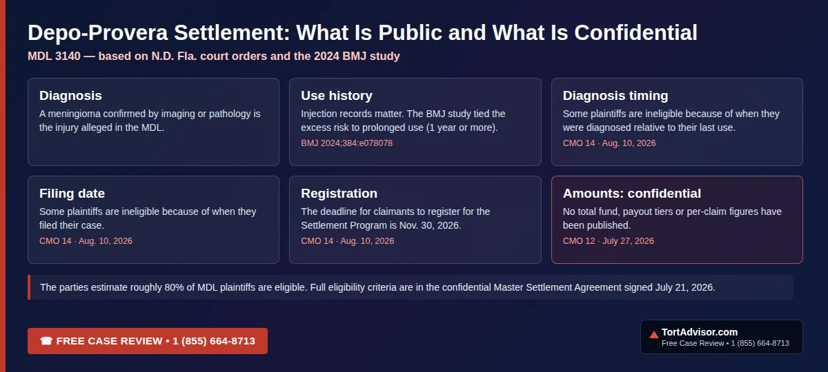 Depo-Provera settlement facts: eligibility depends on diagnosis timing and filing date (CMO 14); registration deadline Nov. 30, 2026; payout amounts confidential (CMO 12)
