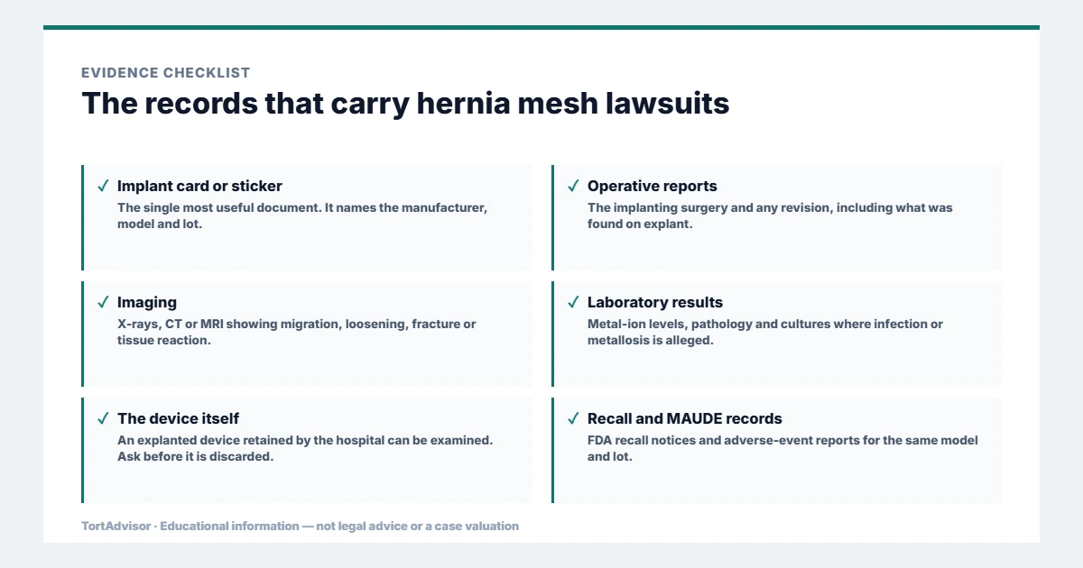 Hernia Mesh Lawsuit 2026: Bard Settlement Process, MDLs & Revision Claims 3 Evidence used in hernia mesh lawsuits, from the primary record through medical documentation to regulatory data