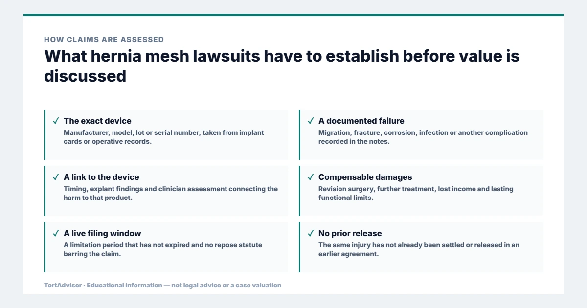 Hernia Mesh Lawsuit 2026: Bard Settlement Process, MDLs & Revision Claims 2 What hernia mesh lawsuits must establish before value is discussed, from the product or conduct through causation to the filing window