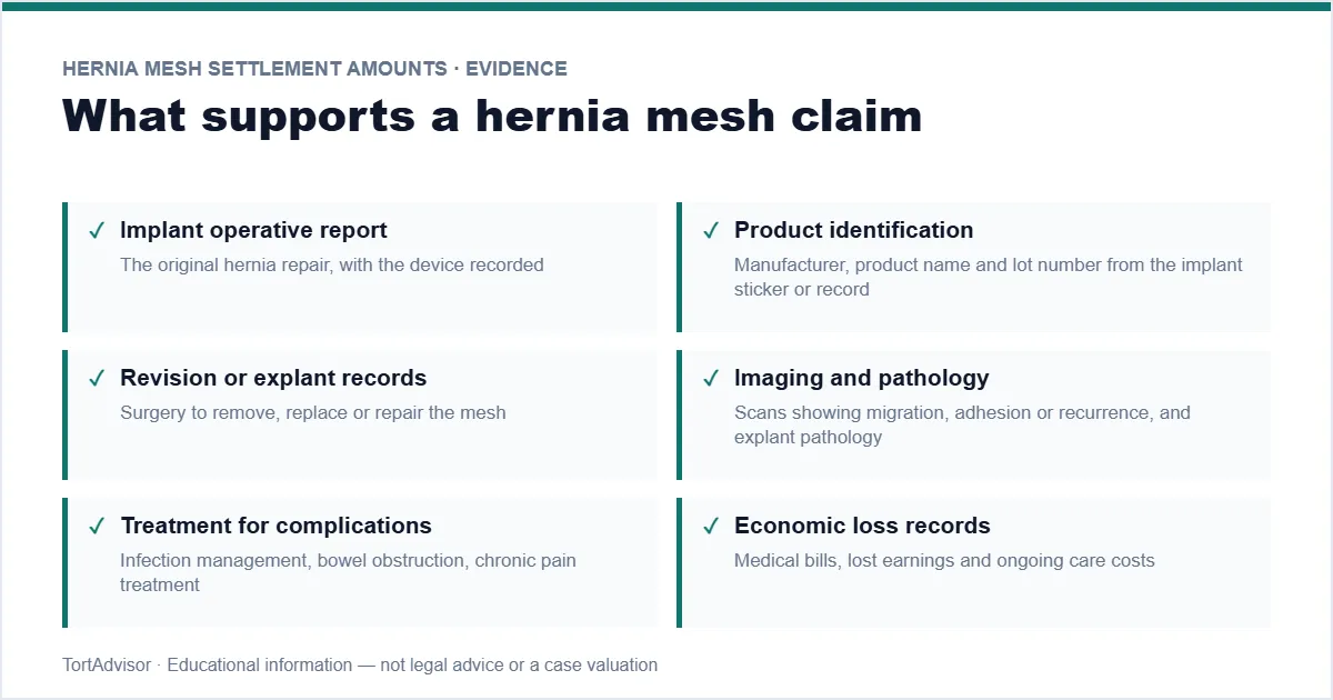 Hernia mesh settlement amounts evidence checklist — implant records, product identification and revision surgery