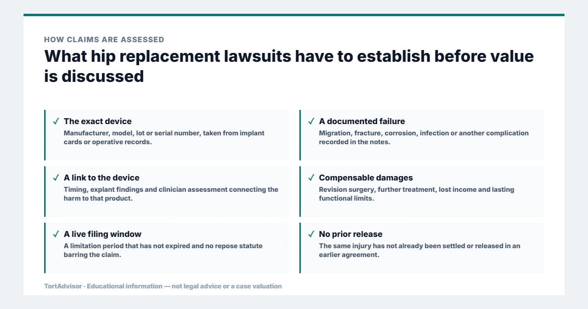Hip Replacement Lawsuit 2026: Implant Failures, MDLs & Revision Claims 2 What hip replacement lawsuits must establish before value is discussed, from the product or conduct through causation to the filing window