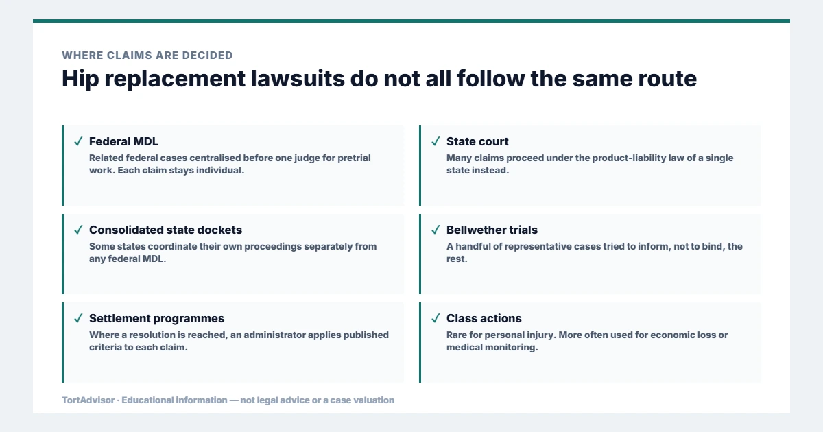 Hip Replacement Lawsuit 2026: Implant Failures, MDLs & Revision Claims 4 Where hip replacement lawsuits are decided, across federal, state, benefit and settlement routes
