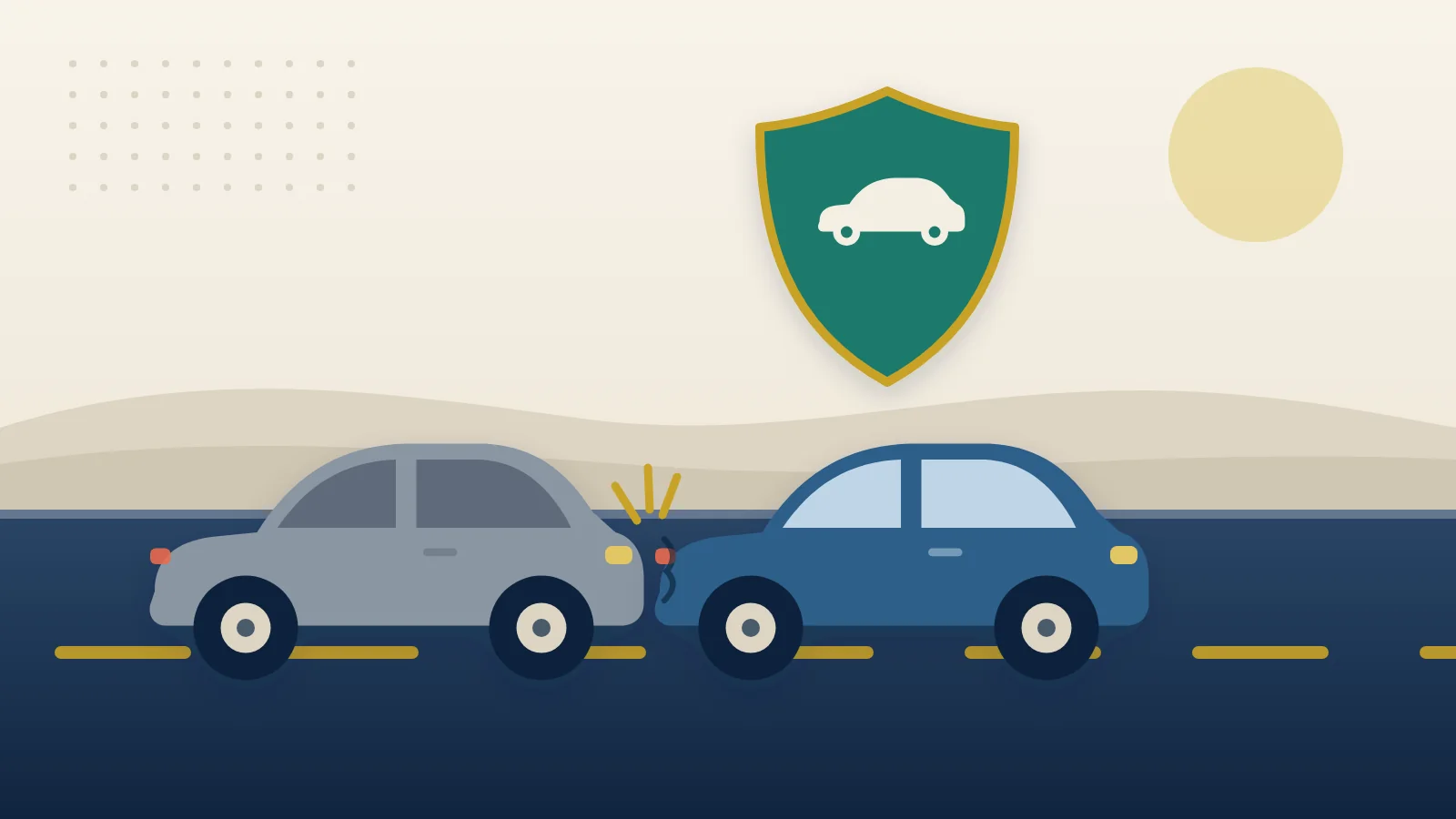 Illustration of a grey car bumping the back of a blue car on a road, with a green insurance shield above the blue car, representing an uninsured motorist claim