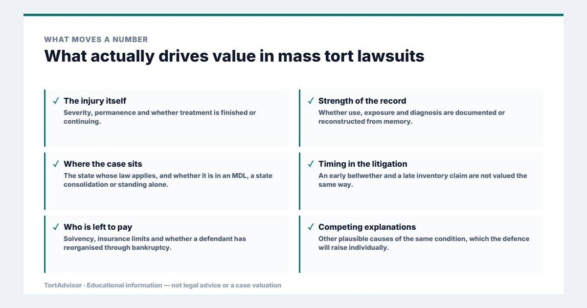 What drives value in mass tort lawsuits: injury severity, strength of the record, jurisdiction, timing, defendant solvency and competing explanations