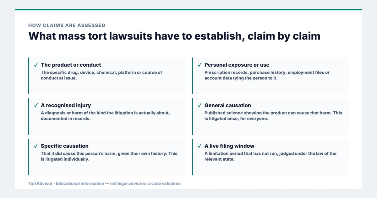 What mass tort lawsuits must establish: the product or conduct, personal exposure, a recognised injury, general causation, specific causation and a live filing window