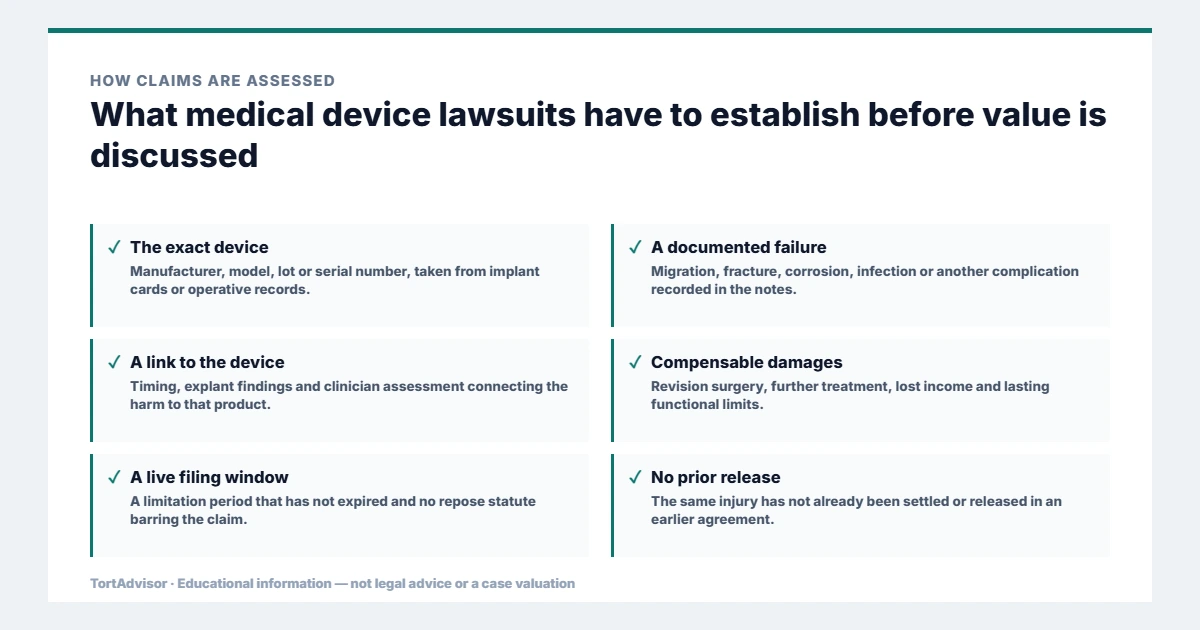 Medical Device Lawsuits 2026: Recalls, Injuries, Active Claims and Legal Options 3 What medical device lawsuits must establish: the exact device, a documented failure, a causal link, damages, a live filing window and no prior release