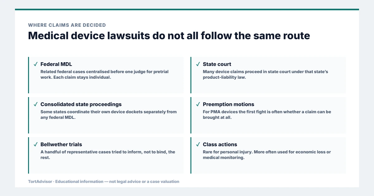 Medical Device Lawsuits 2026: Recalls, Injuries, Active Claims and Legal Options 5 Where medical device lawsuits are decided: federal MDL, state court, consolidated state proceedings, preemption motions, bellwether trials and class actions
