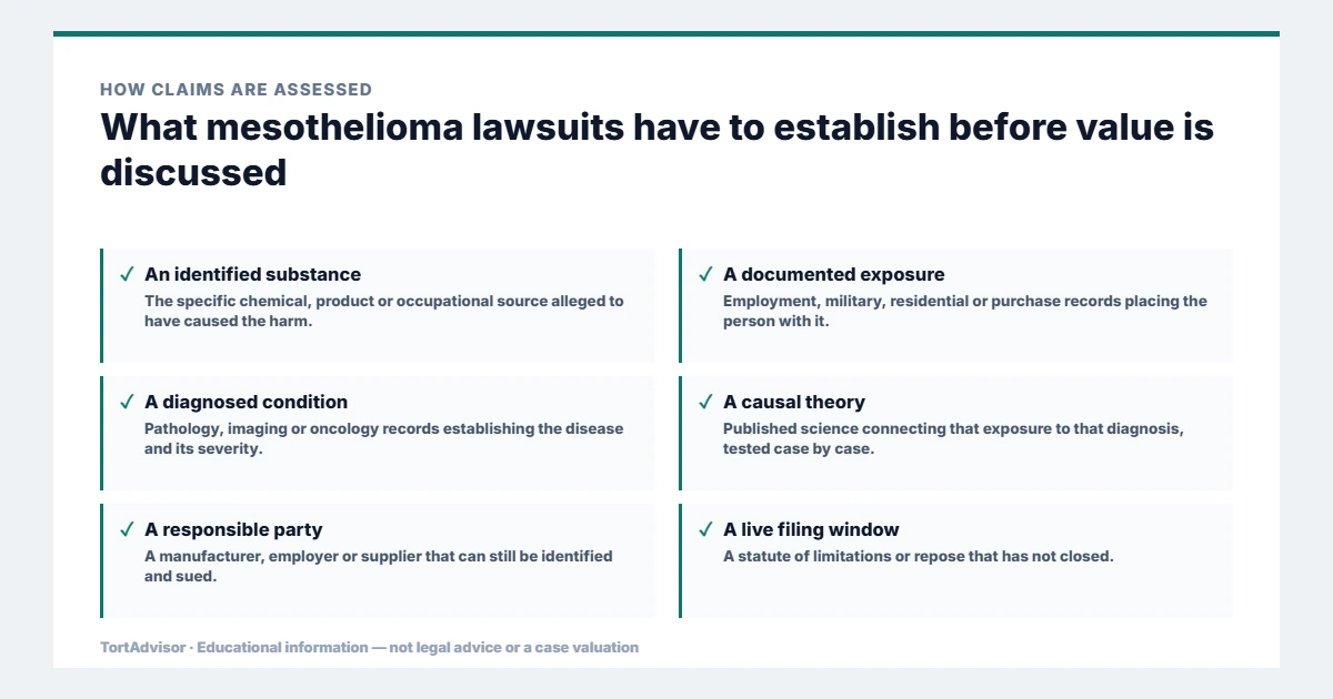 What mesothelioma lawsuits must establish before value is discussed, from the product or conduct through causation to the filing window