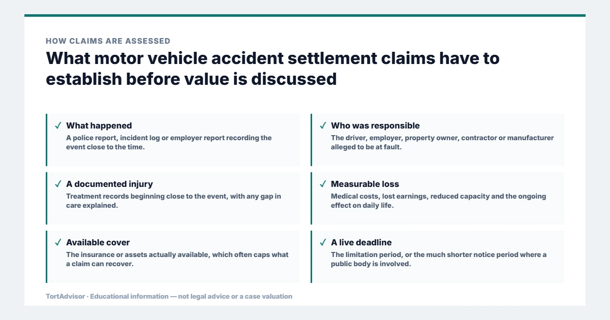 Motor Vehicle Accident Settlement & Jury Verdict Database by State (2026) | TortAdvisor 2 What motor vehicle accident settlement claims must establish before value is discussed, from the product or conduct through causation to the filing window