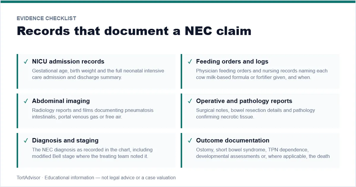 Evidence checklist for a NEC settlement claim involving preterm infant formula